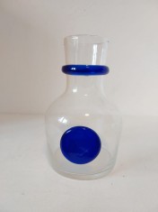 Vaza sticla / decantor, model deosebit - sticla transparenta decorata cu sticla albastra-cobalt, 17cm inaltime
