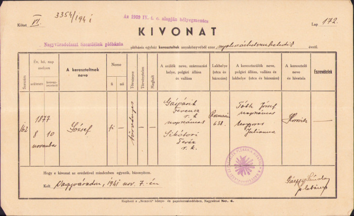 HST A1214 Extras registru biserică botezați 1941 Oradea