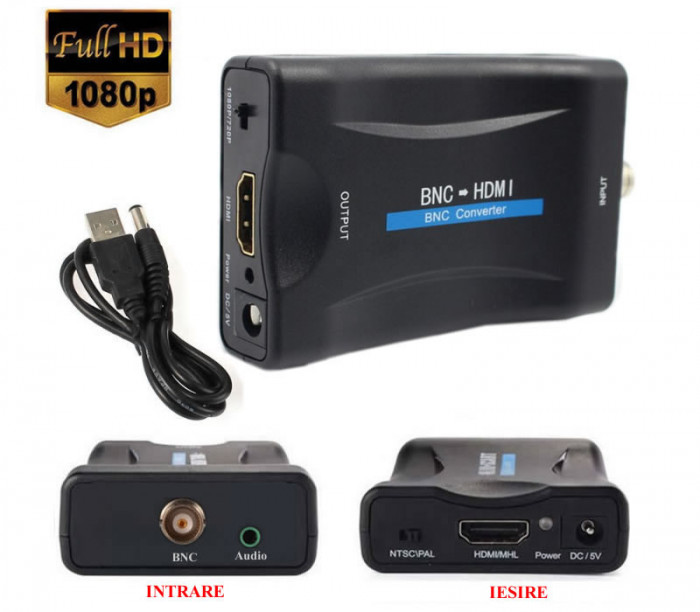 Adaptor BNC la HDMI, Active, Full HD, convertor bnc analog la hdmi digital cu mufa video si sunet audio mama, cablu alimentare USB 5V, compatibilitate