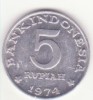 Indonezia 5 rupiah (FAO) 1974 - XF-aUNC., Asia, Aluminiu