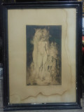 Vanatoare, Nud de femeie cu caine// gravura veche, semnata indescifrabil