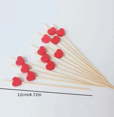 Set 10 scobitori din bambus cu decor inima rosie , 12 cm foto