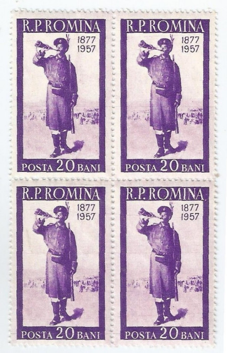 |Romania, LP 457/1957, 80 ani de la Razboiul pentru Independenta, bloc de 4, MNH