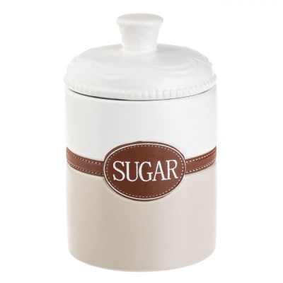 Borcan Ceramic, Model Sugar, Culori Alb Ecru Maro, Capacitate 1L, &amp;Icirc;nălțime 18cm, Diametru 11.5cm, Capac Etanș cu Inel Silicon. foto