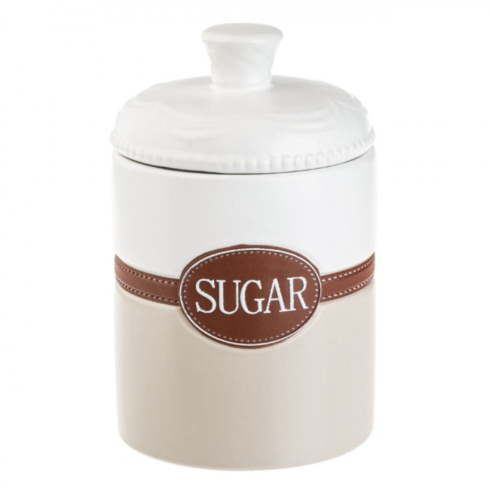 Borcan Ceramic, Model Sugar, Culori Alb Ecru Maro, Capacitate 1L, &Icirc;nălțime 18cm, Diametru 11.5cm, Capac Etanș cu Inel Silicon.