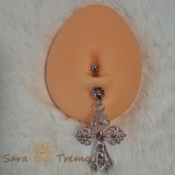 Piercing extra-mare argintiu de buric cu cruciulita si cristale roz - 7 cm, tija groasa