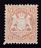✅ (S35) Germania veche - Bavaria/Bayern 1873 " Stema embosata " 9Kr , Mi. 28y filigran diamant 15-17mm, MVLH ( guma originala urme slabe de sarniera)