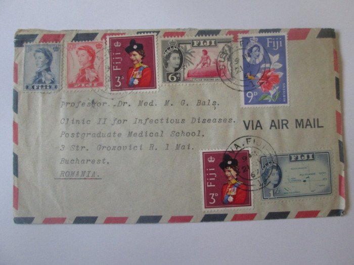 Rar! Plic circulat Fiji/Suva-Bucuresti 1967,destinatar:Prof.Dr.Matei G.Balș