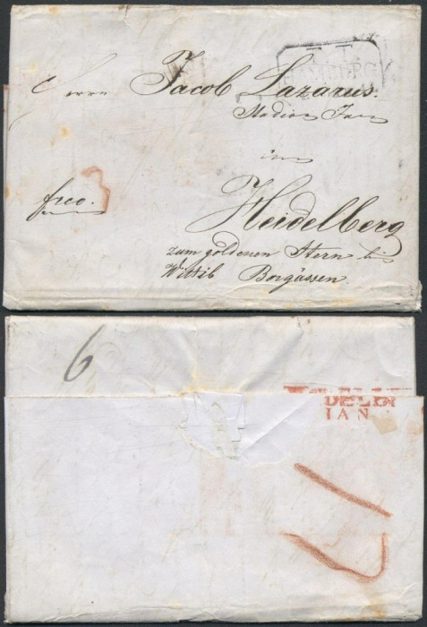 Germany 1844 Stampless Cover + Content Hamburg Heidelberg DB.501