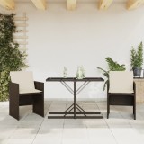 Set Bistro 3 Piese vidaXL, Maro, Poliratan, Perne Incluse, Masa Sticla, Scaune Rabatabile, Gradina/Balcon