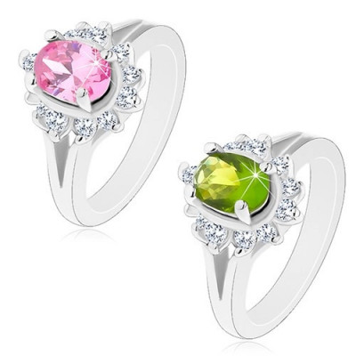 Inel de culoare argintie, brațe despicate, floare strălucitoare cu mijloc oval - Marime inel: 49, Culoare: Verde foto