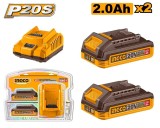 Set 2 acumulatori INGCO FBCPK2212E, 20V, Li-Ion, 2Ah, indicator LED, incarcator rapid inteligent 20V 2A, compatibil platforma P20S, ambalaj blister du