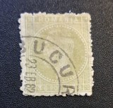 Regele Carol I (Emisiunea "Perle" / București) - 3 Bani Verde-Măsliniu / Oliv (Dintelat, Ștampilă "BUCUREȘCI" din 1882) RO2
