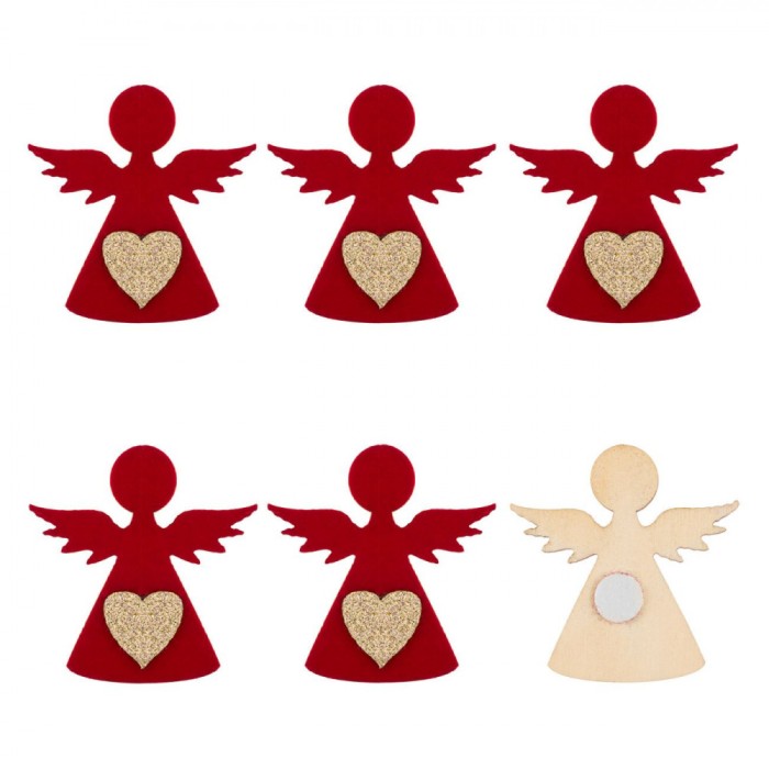 Autocolante Crăciun Fără Brand, Set 6 Bucăți, Material Lemn, Dimensiune 5x5 cm, Culoare Roșu, Formă &Icirc;nger
