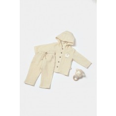 Set bluza cu gluga si pantaloni, Winter muselin, 100% bumbac - Stone, BabyCosy (Marime: 3-6 Luni)