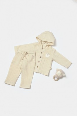 Set bluza cu gluga si pantaloni, Winter muselin, 100% bumbac - Stone, BabyCosy (Marime: 3-6 Luni) foto