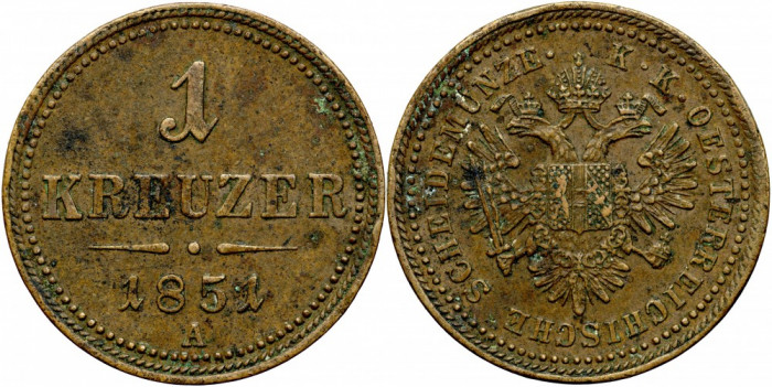 1851 A (Viena), 1 kreuzer - Franz Joseph - Imperiul Habsburgic!