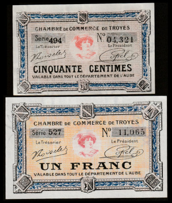 Franța, lot 50 centime și 1 franc 1926_Camera Comert Troyes_UNC _Serii poze foto