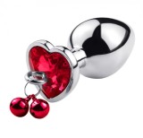 Dop Anal Medium Heart Shape cu Clopotei Ring My Bells, Metal, Argintiu/Rosu, 8 cm, Passion Labs