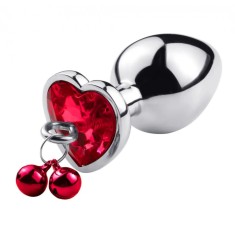 Dop Anal Medium Heart Shape cu Clopotei Ring My Bells, Metal, Argintiu/Rosu, 8 cm, Passion Labs