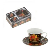 Set 2 Cesti cu Farfurii de Craciun EMC ONSHOP&reg;, din Portelan, Negre cu Model Casute Colorate si Fulgi, 90 ml