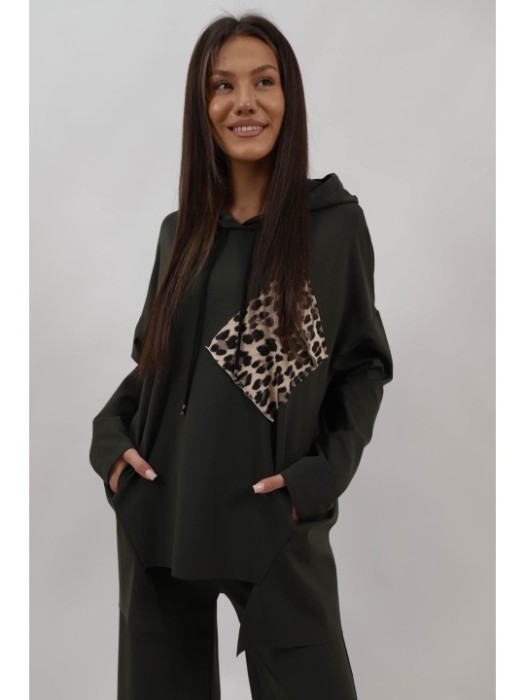 BLUZA SPORT OVERSIZE CU GLUGA SI BUZUNARE DAHNA TALIE UNICA Kaki