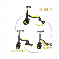 Trotineta Axel, 3 in 1, Negru/Galben, transformabila in tricicleta si balance bike