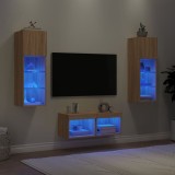 Cumpara ieftin Comode TV de perete cu lumini LED, 4 piese, stejar sonoma