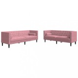 Set canapele Chesterfield cu perne rulou, 2 piese, roz, catifea