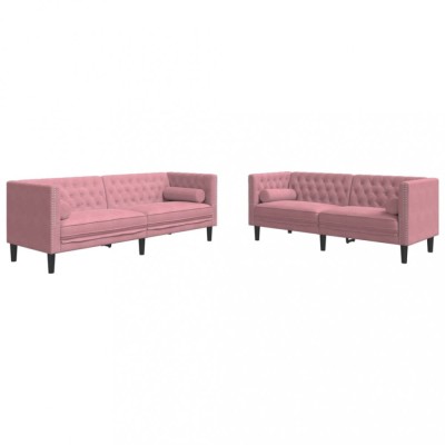 Set canapele Chesterfield cu perne rulou, 2 piese, roz, catifea foto