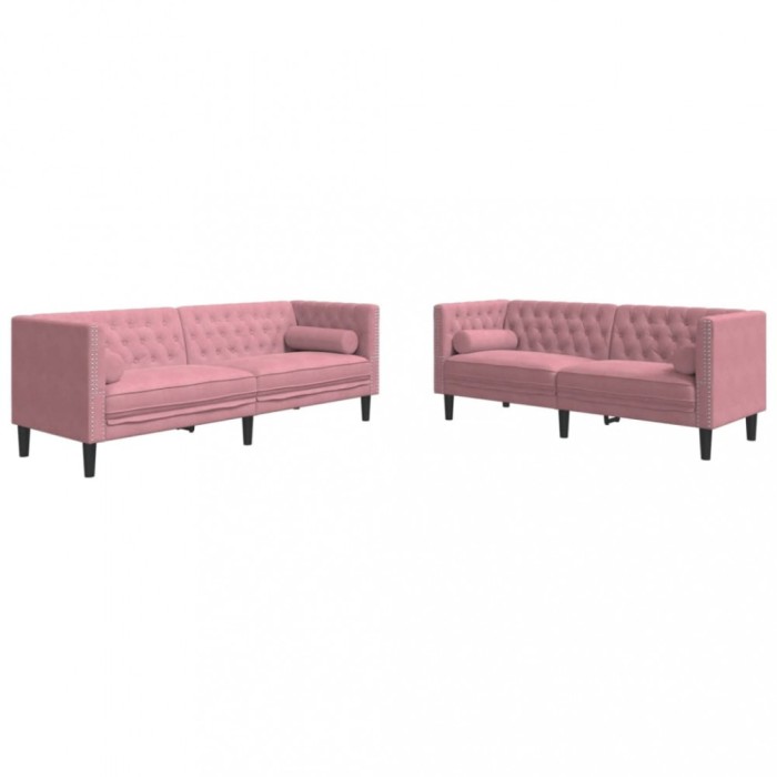 Set canapele Chesterfield cu perne rulou, 2 piese, roz, catifea
