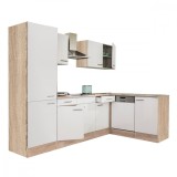 Mobilier de bucătărie de colț Yorki 280, cu corp din stejar Sonoma, fațade albe cu finisaj satinat și dulap cu rafturi, fără blat de lucru
