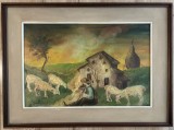Tablou rustic Peisaj Ciobănaș cu Turma de Oi pictura ulei pe p&acirc;nză &icirc;nrămat 56x76, Peisaje, Altul