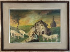 Tablou rustic Peisaj Ciobănaș cu Turma de Oi pictura ulei pe p&acirc;nză &icirc;nrămat 56x76