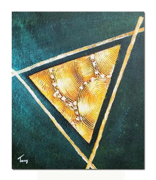 Tablou abstract pictat manual, Triunghi solar, 60x50cm ulei pe panza cu zone in releif