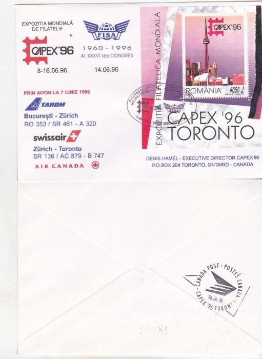 bnk fil Plic ocazional Capex 96 - zbor special Bucuresti Zurich Toronto