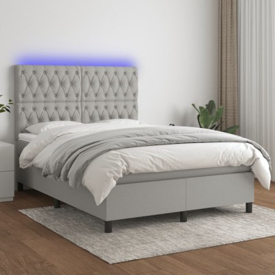 vidaXL Pat cu arcuri, saltea și LED, gri deschis, 140x190 cm, textil 3135109 foto