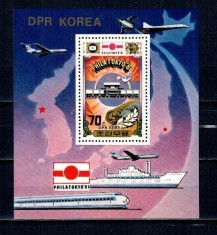 DPR Korea 1981 - Timbru pe timbru, transport, Philatokyo, colita neuzata