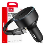 Incarcator auto AMiO cu cablu retractabil USB-C + Lightning iPhone + port USB-C, 12/24V, 60W, incarcare simultana 3 dispozitive, PD