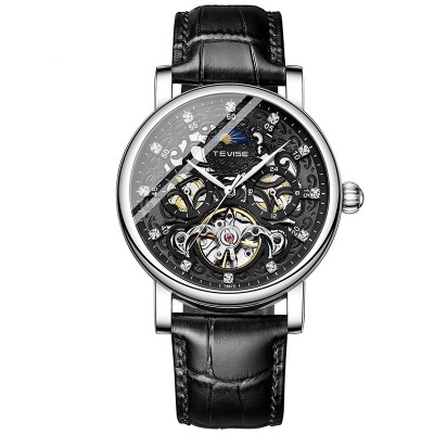 Ceas barbatesc Tevise Mecanic Automatic Skeleton Curea piele Negru foto