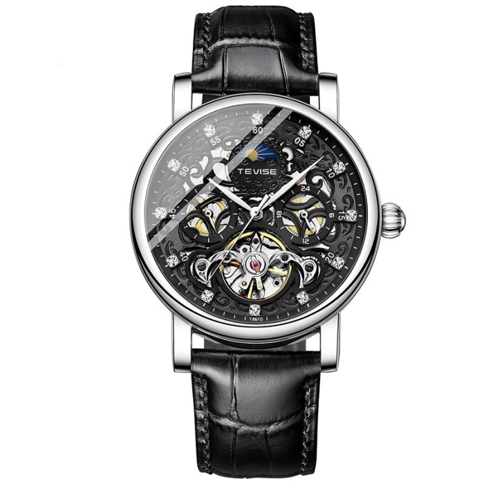 Ceas barbatesc Tevise Mecanic Automatic Skeleton Curea piele Negru