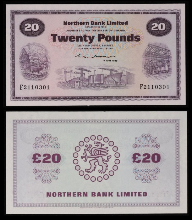 IRLANDA DE NORD █ bancnota █ 20 Pounds █ 1988 P-190d █ NORTHERN BANK LIMITED UNC