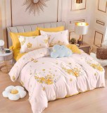 Cumpara ieftin Lenjerie pat dublu,bumbac finet,6 piese,cearceaf cu elastic,alb galbena cu stelute-A896, Jojo Home