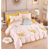 Lenjerie pat dublu,bumbac finet,6 piese,cearceaf cu elastic,alb galbena cu stelute-A896