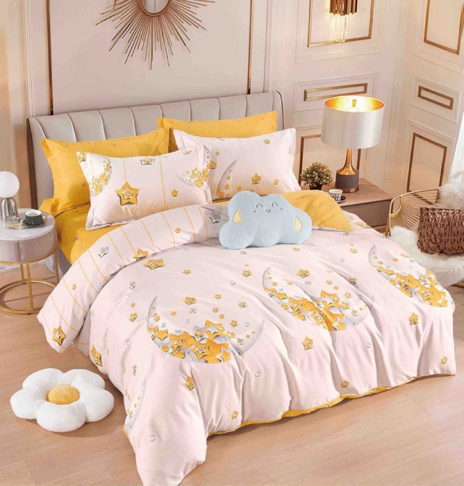 Lenjerie pat dublu,bumbac finet,6 piese,cearceaf cu elastic,alb galbena cu stelute-A896