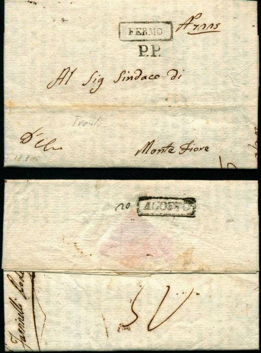 Italy 1810 Postal History Rare Stampless Cover + Content Fermo Montefiore D.1085