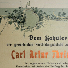 Diploma veche de scolar in maniera Art Nouveau - Germania 1908