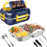 Cutie pentru pranz, electrica, cu 2 prize, capacitate 1.5L, cu 3 compartimente, ideala pentru calatorii, albastru