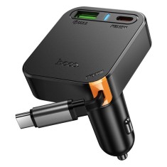 Incarcator Auto HOCO NZ18, 65W, QC PD, Cablu Retractabil, 2 USB-C + USB-A, Black