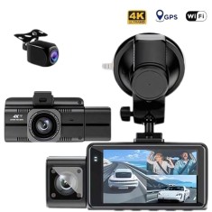 Camera Auto de Bord DVR QOVU &reg; F6, Tripla 4K Fata 1080P Interior 1080P Spate, GPS inclus, Senzor coliziune, Vedere nocturna cu infrared interior, WiFi